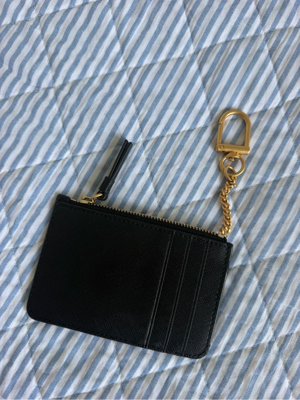 Tory Burch Robinson Black Saffiano Card Holder Zip Pouch with Gold Keychain